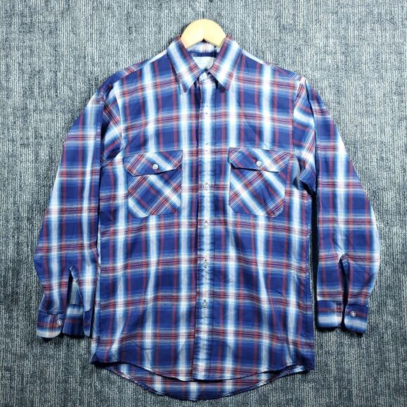 Vintage Sears Fieldmaster Shirt Mens Medium Blue Plaid Flannel Perma Prest 80s - Picture 1 of 14